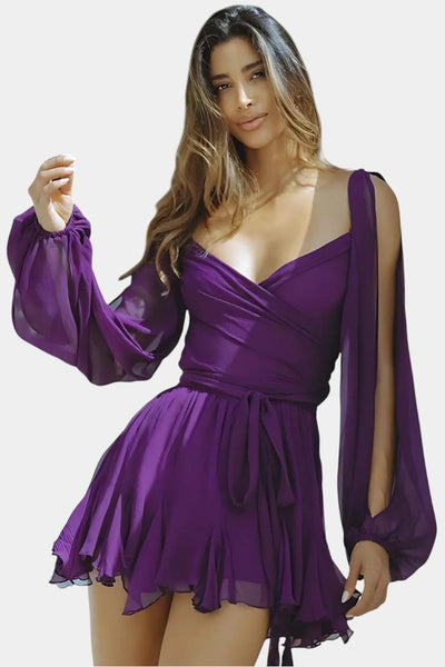 Vestido Mini Skylar con Escote en V y Mangas Livianas