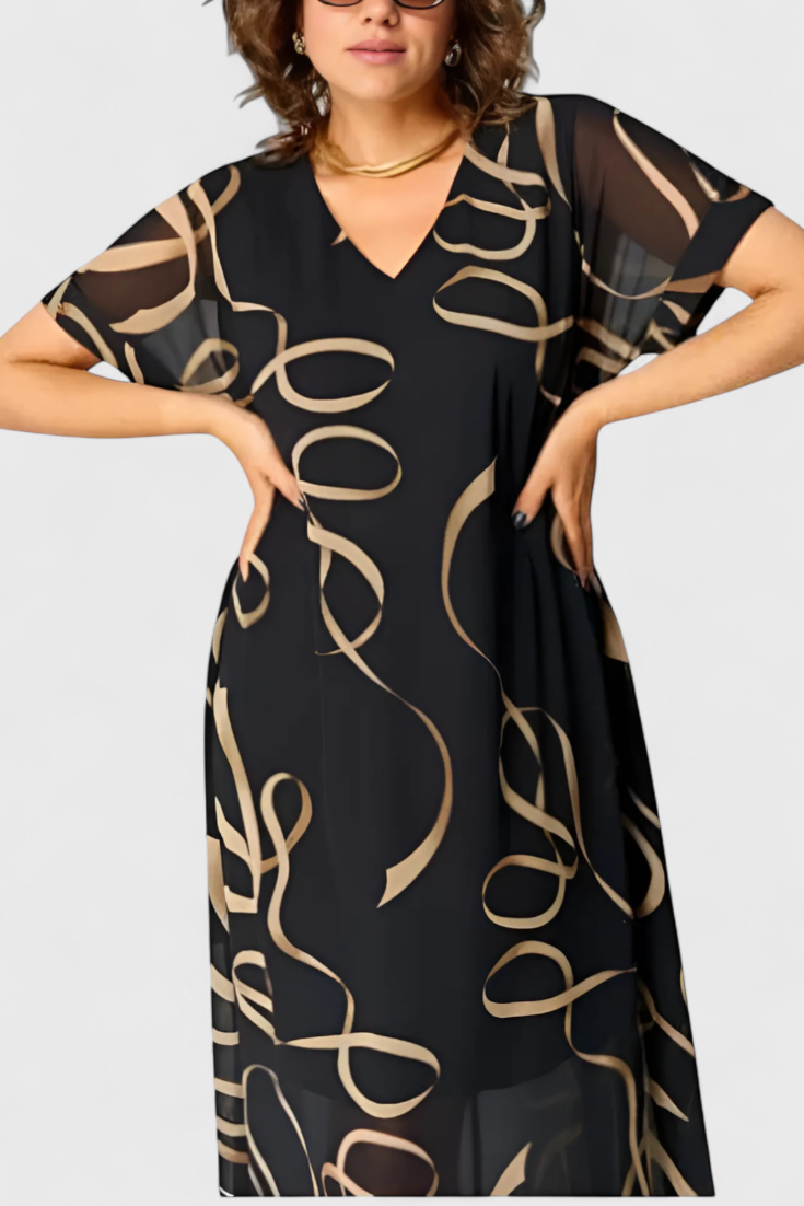 Vestido Negro Allegra con Estampado Abstracto Dorado y Escote en V