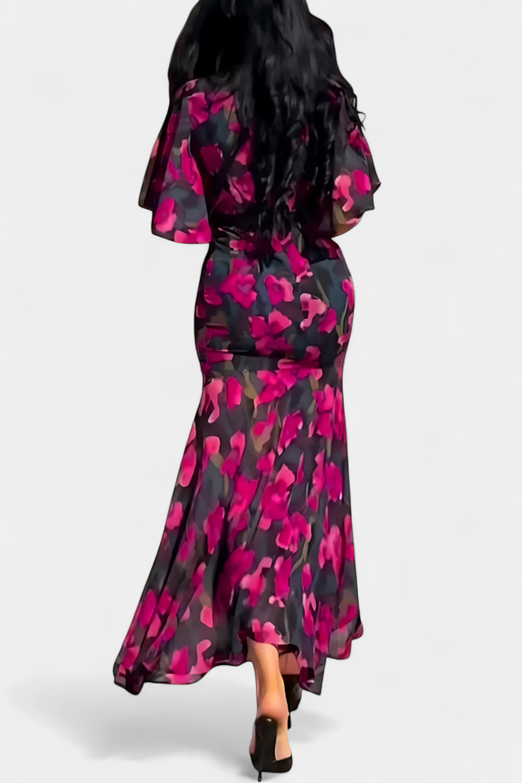 Sima Vestido Cruzado con Estampado, Escote en V y Mangas Acampanadas