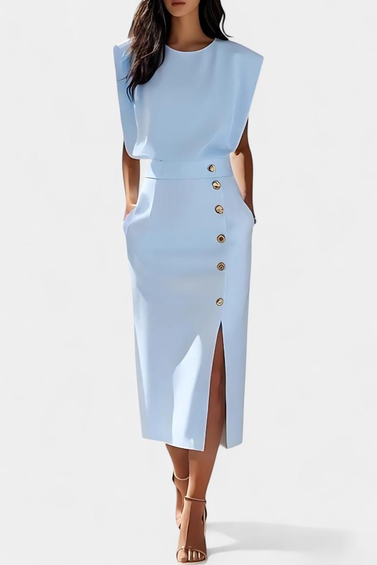 Ceecee Vestido Midi de Manga Larga con Detalles de Botones