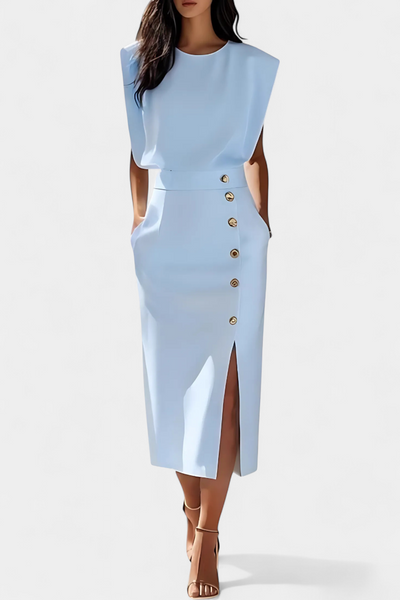 Ceecee Vestido Midi de Manga Larga con Detalles de Botones