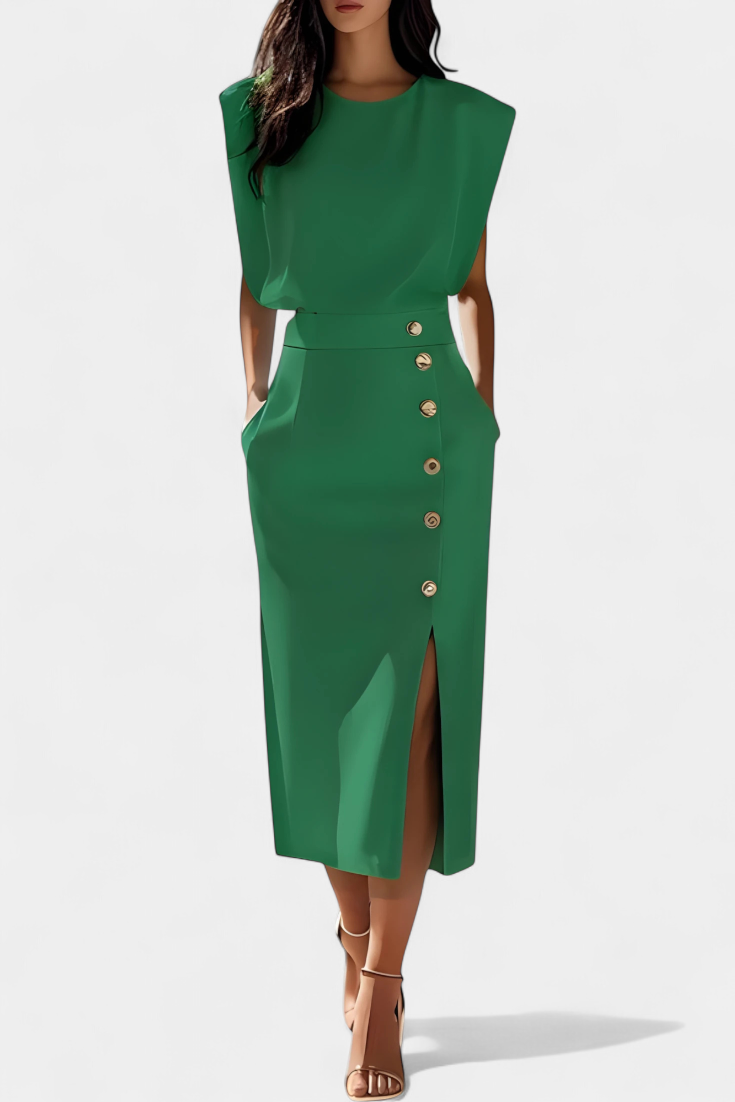 Ceecee Vestido Midi de Manga Larga con Detalles de Botones
