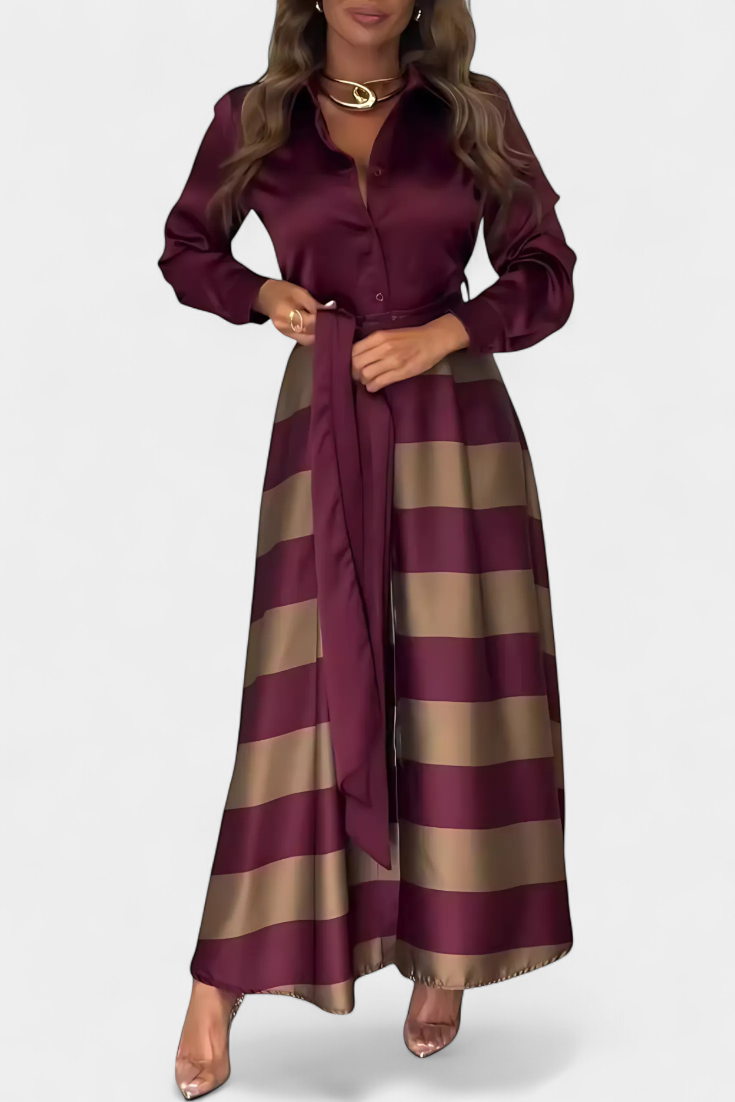 Nessia Largo Vestido Camisero Rayado con Cinturón