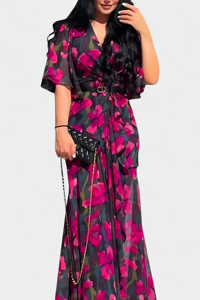 Sima Vestido Cruzado con Estampado, Escote en V y Mangas Acampanadas