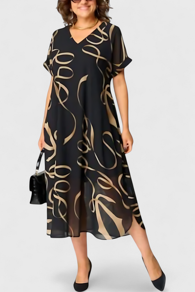 Vestido Negro Allegra con Estampado Abstracto Dorado y Escote en V