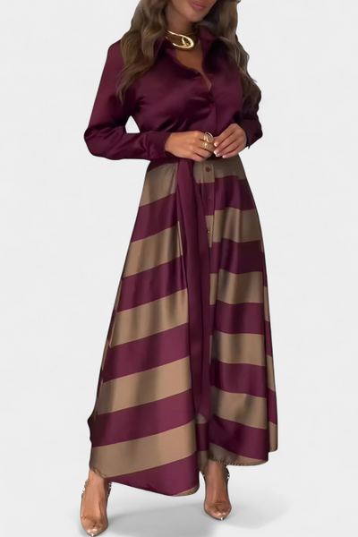 Nessia Largo Vestido Camisero Rayado con Cinturón