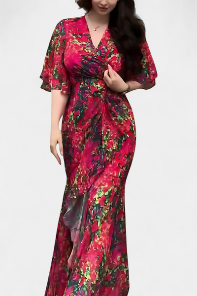 Sima Vestido Cruzado con Estampado, Escote en V y Mangas Acampanadas