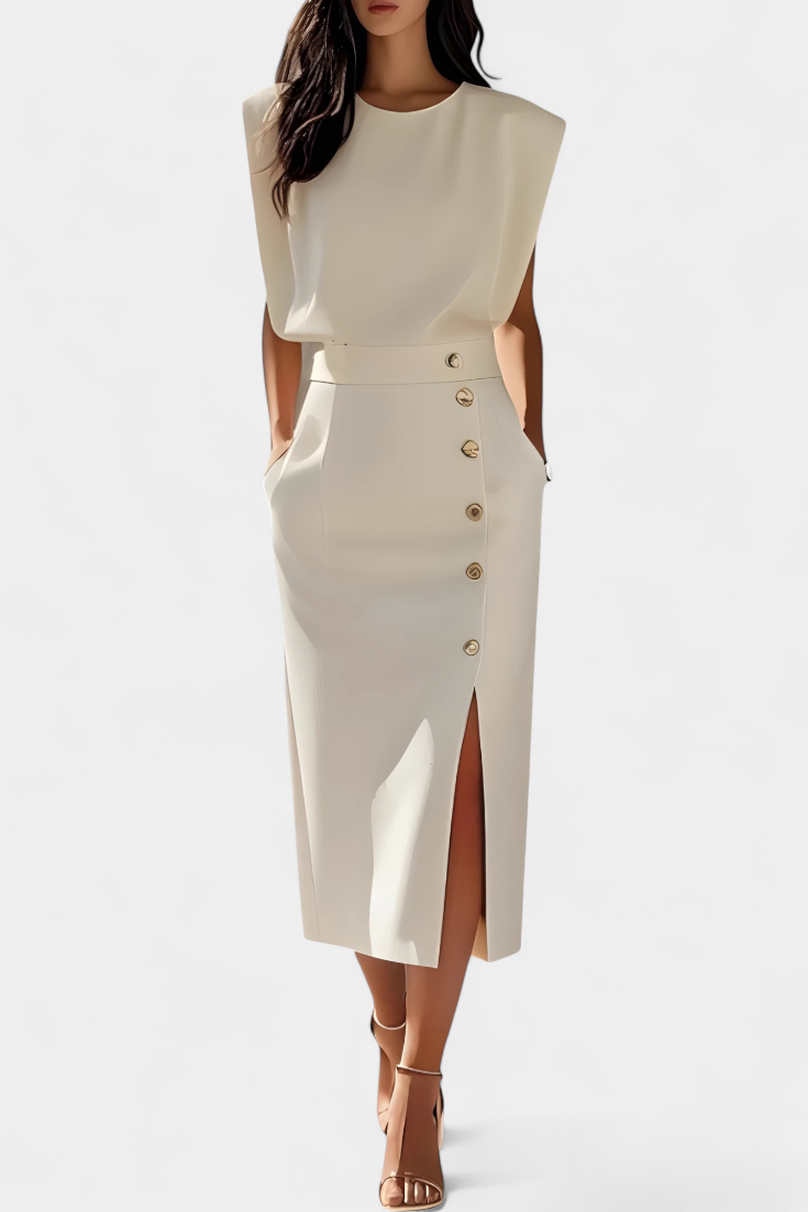 Ceecee Vestido Midi de Manga Larga con Detalles de Botones