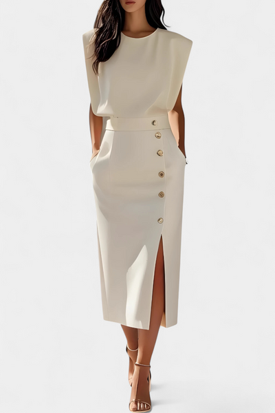 Ceecee Vestido Midi de Manga Larga con Detalles de Botones