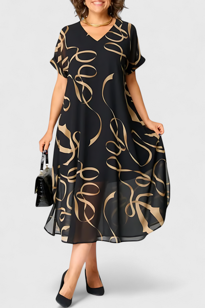 Vestido Negro Allegra con Estampado Abstracto Dorado y Escote en V