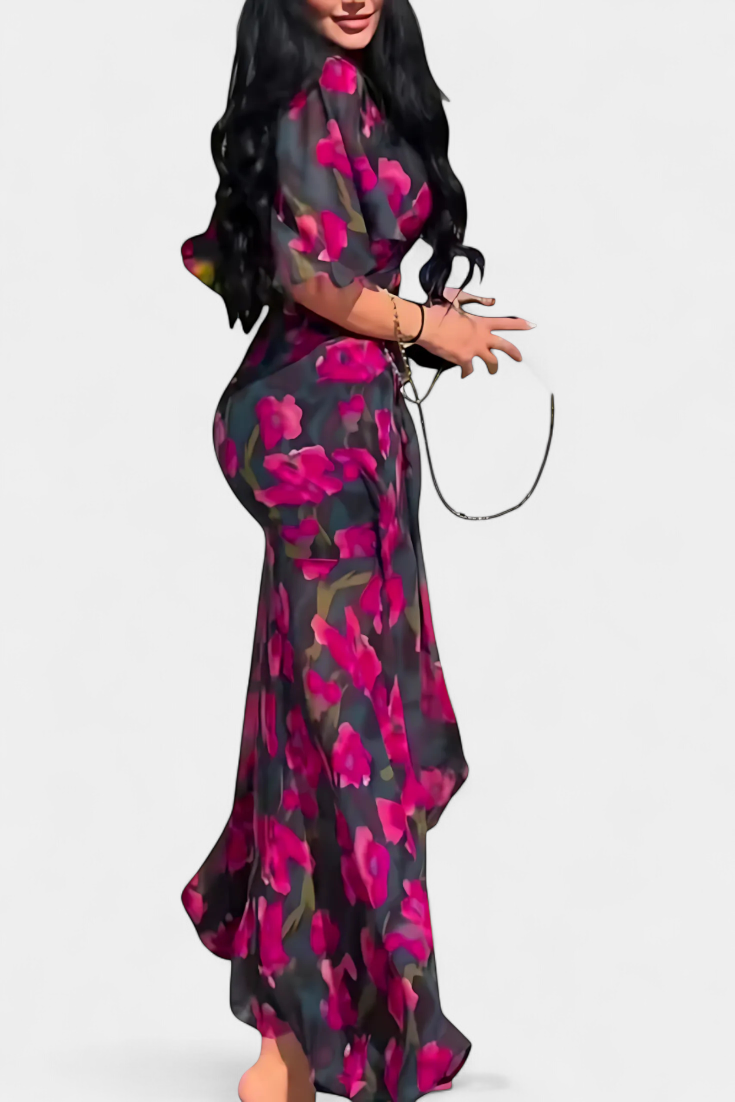 Sima Vestido Cruzado con Estampado, Escote en V y Mangas Acampanadas