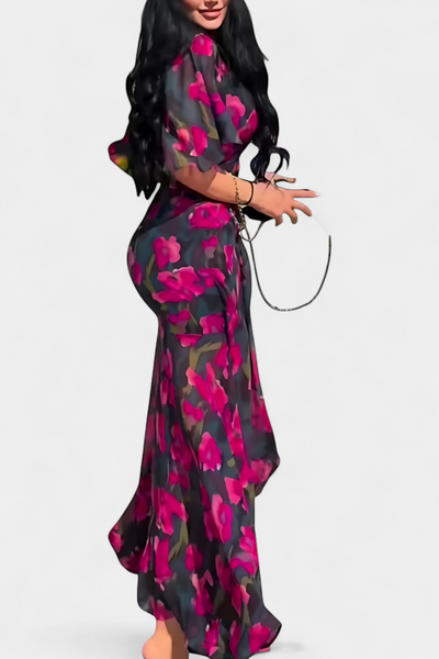 Sima Vestido Cruzado con Estampado, Escote en V y Mangas Acampanadas