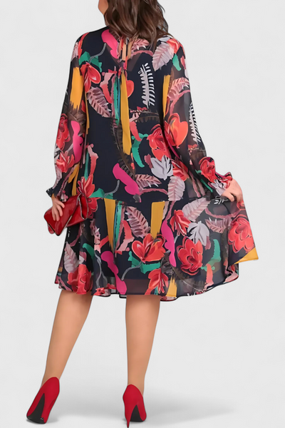Vestido Midi Floral Annegret con Mangas Largas y Corte Suelto