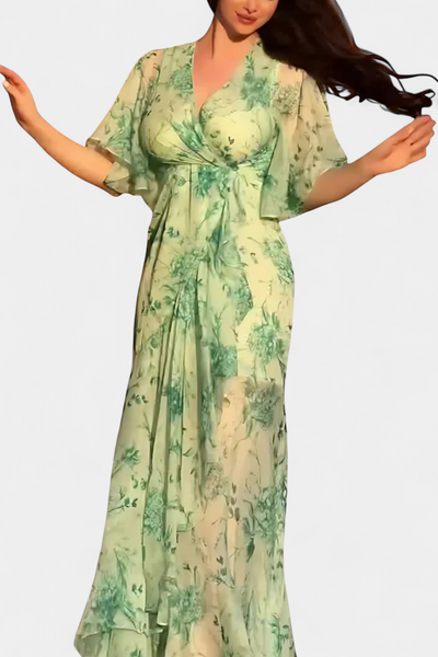 Sima Vestido Cruzado con Estampado, Escote en V y Mangas Acampanadas