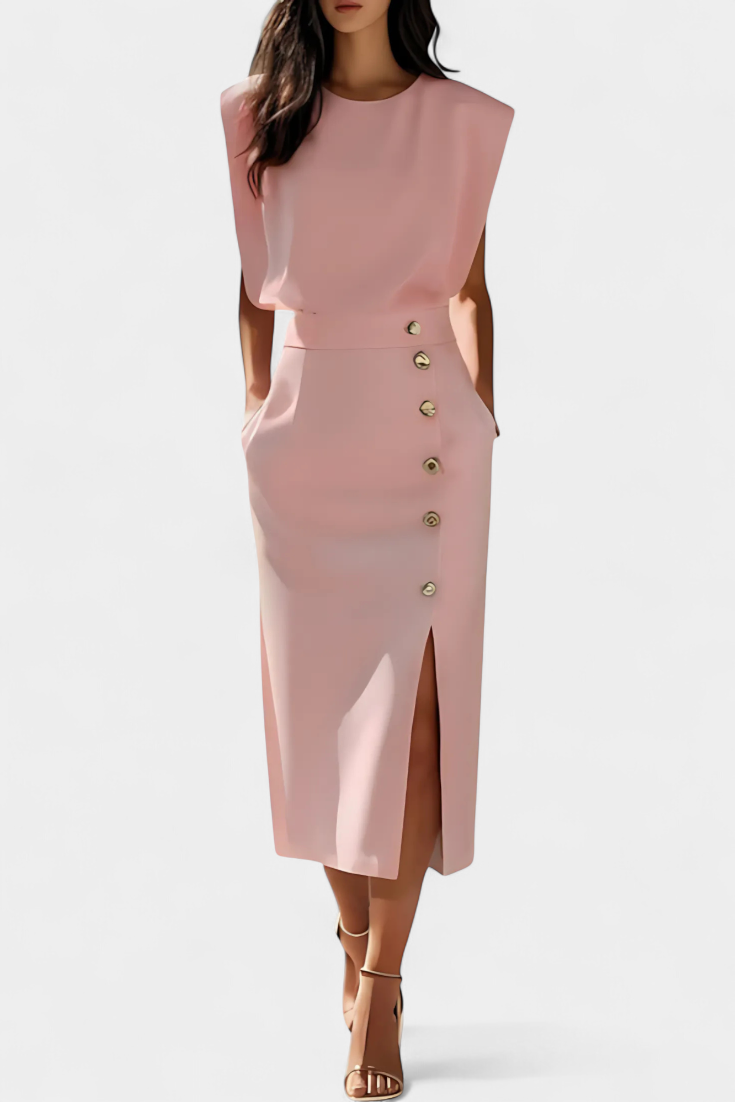 Ceecee Vestido Midi de Manga Larga con Detalles de Botones