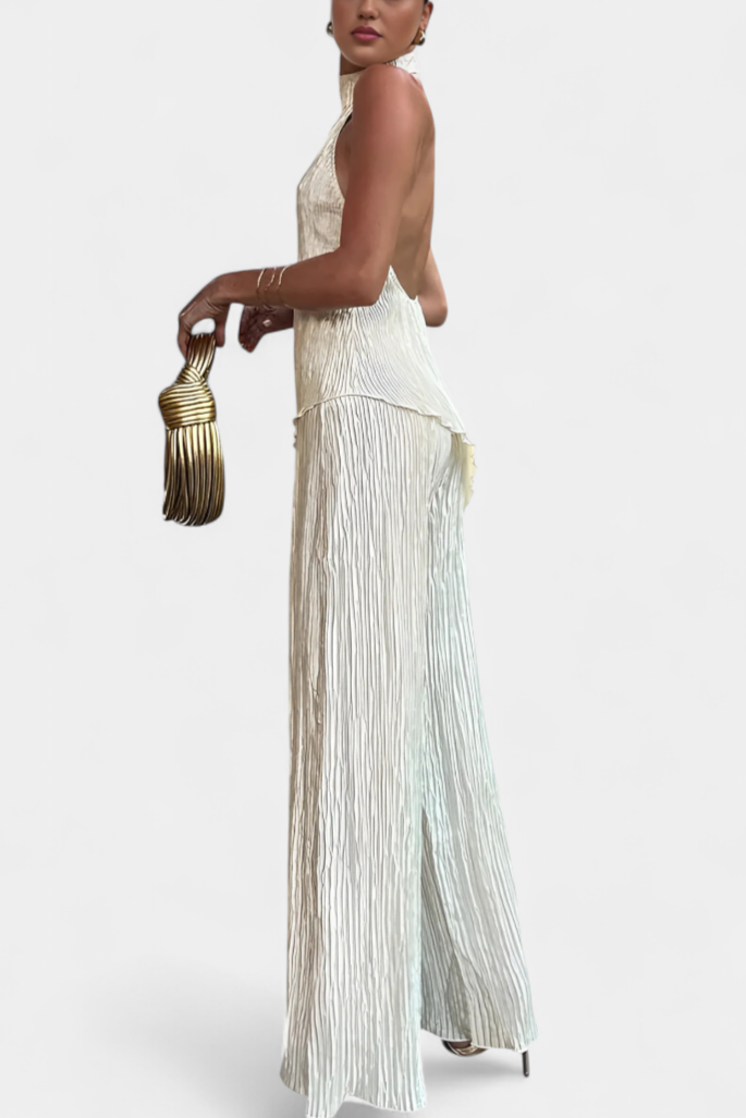 Pilarica Conjunto de Top Halter Asimétrico y Pantalón Fluido con Pliegues