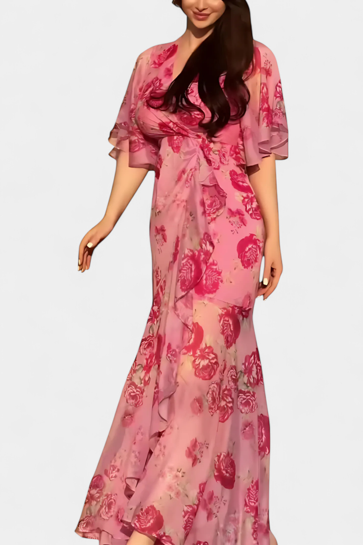 Sima Vestido Cruzado con Estampado, Escote en V y Mangas Acampanadas
