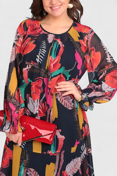 Vestido Midi Floral Annegret con Mangas Largas y Corte Suelto