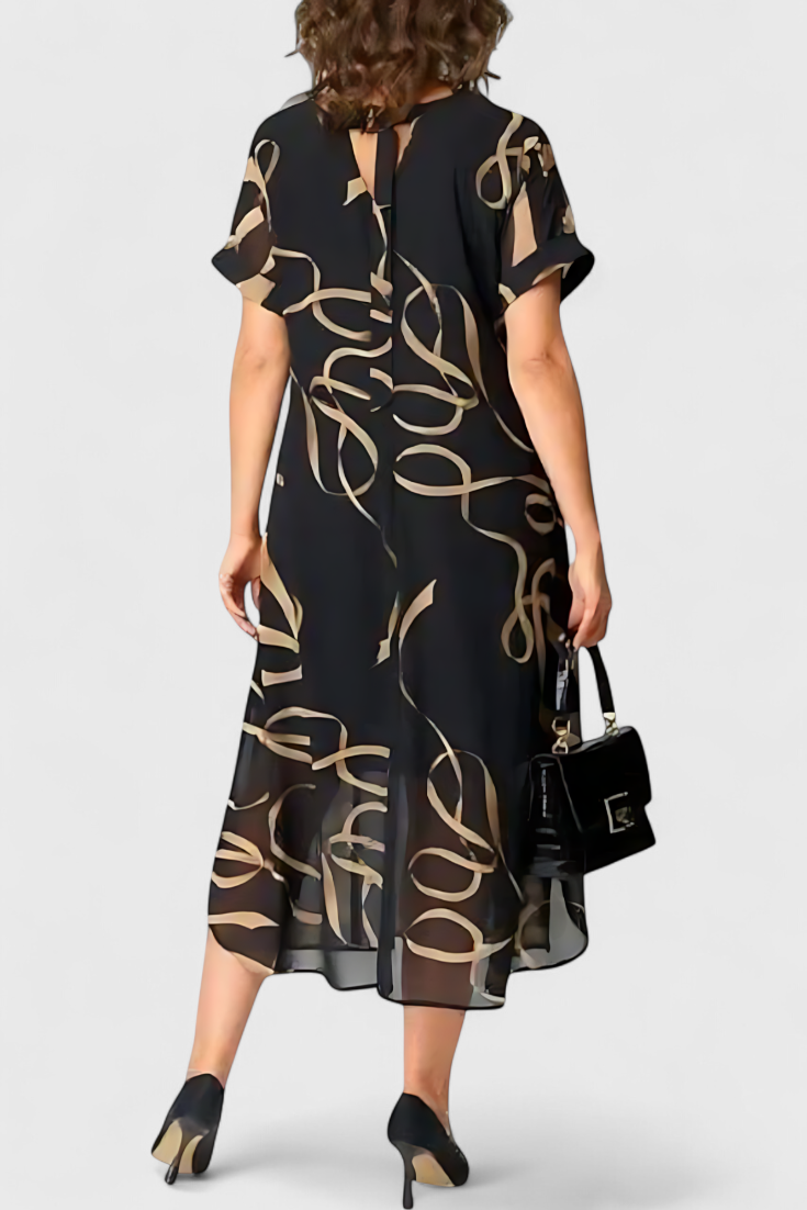 Vestido Negro Allegra con Estampado Abstracto Dorado y Escote en V