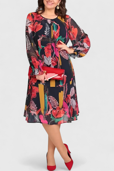 Vestido Midi Floral Annegret con Mangas Largas y Corte Suelto