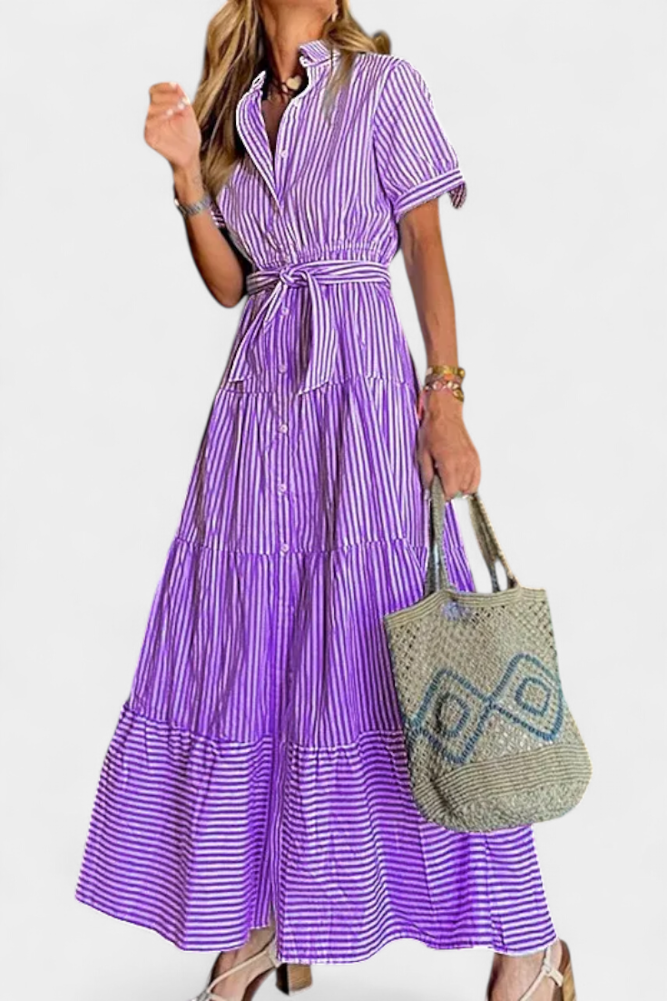 Maya Largo Vestido Camisero a Rayas con Cinturón