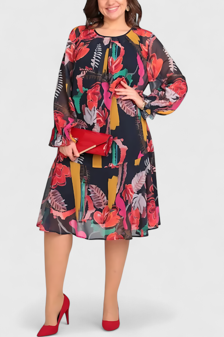Vestido Midi Floral Annegret con Mangas Largas y Corte Suelto