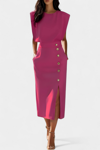 Ceecee Vestido Midi de Manga Larga con Detalles de Botones