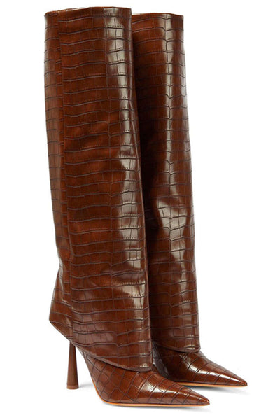 Botas de Tacón Alto de Cuero Sintético con Diseño de Cocodrilo y Punta Afilar