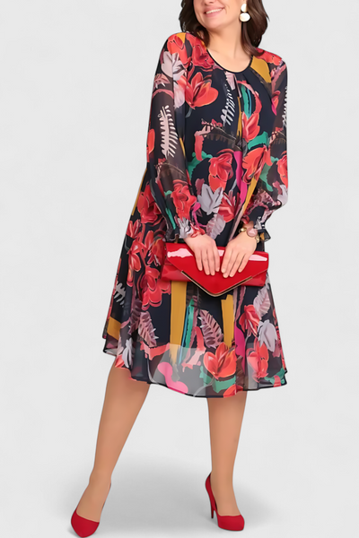 Vestido Midi Floral Annegret con Mangas Largas y Corte Suelto