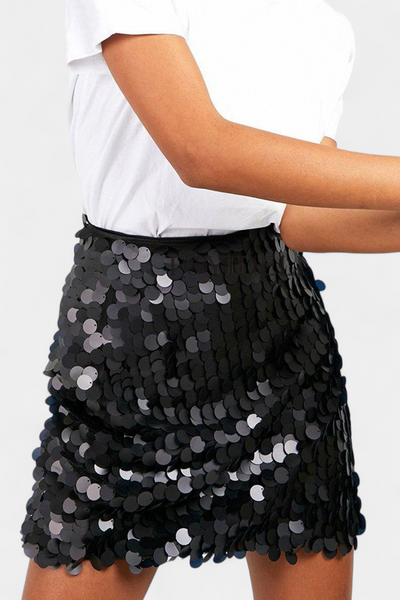 Mini Falda de Lentejuelas Veena en Negro, Dorado o Plata