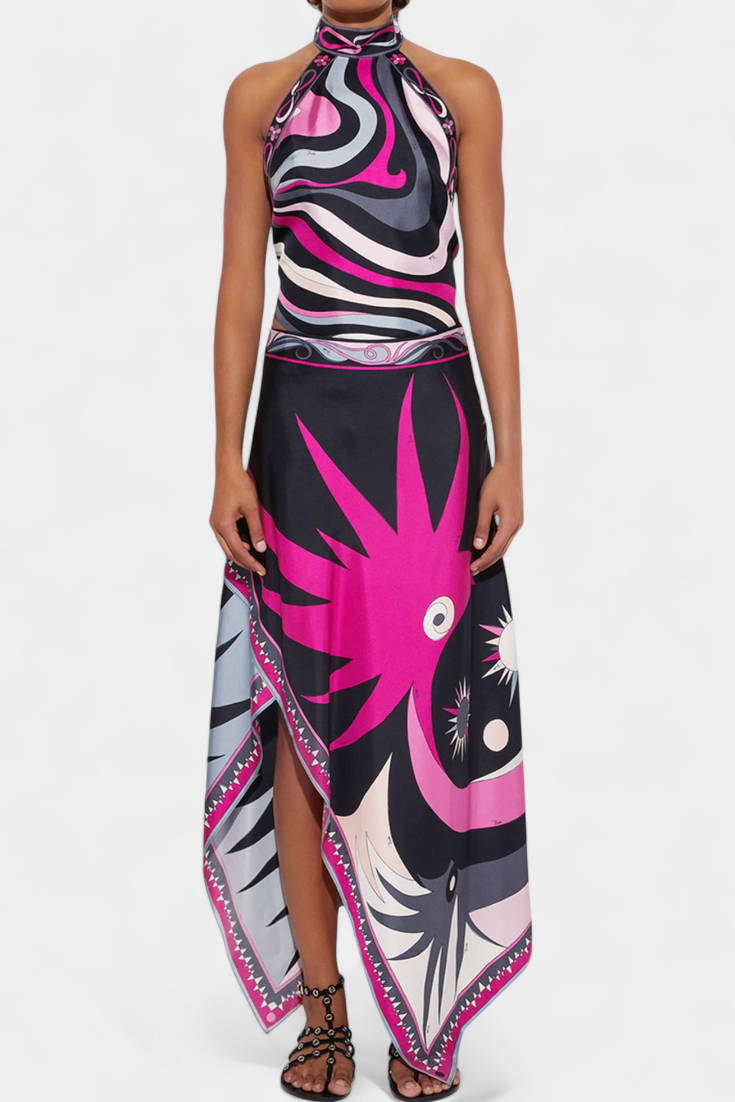 Ciana Conjunto de Satén con Falda Abstracta y Top Halter