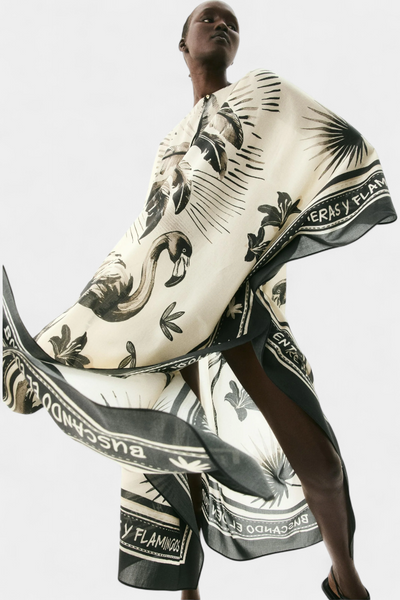 Kaftán Oversized Guadalupe con Estampado de Flamencos y Palmeras