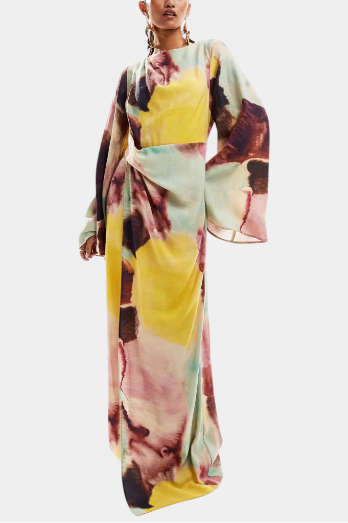 Dana Vestido Maxi con Estampado Acuarela y Detalle Frontal Torcido