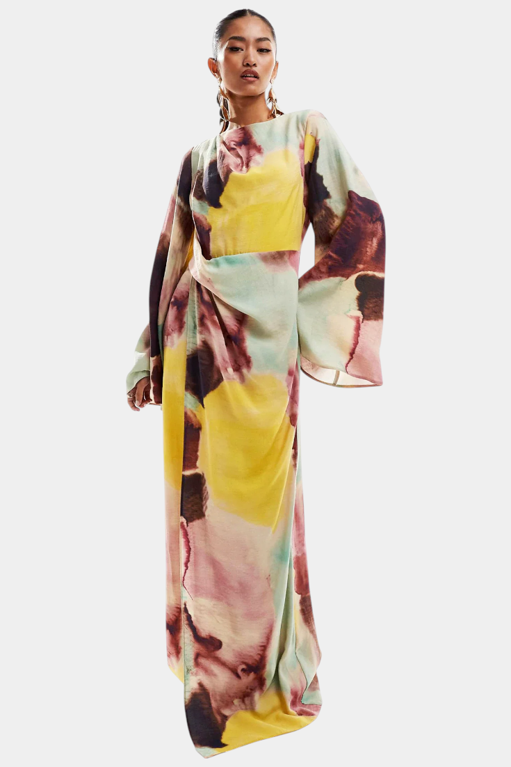 Dana Vestido Maxi con Estampado Acuarela y Detalle Frontal Torcido
