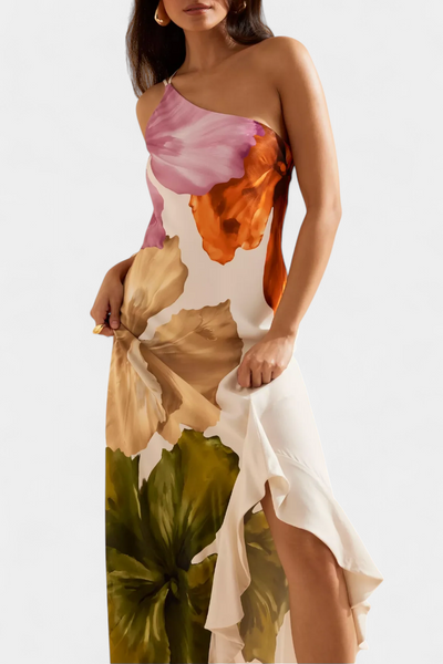 Vestido Elegante Almudena con Diseño Patchwork y Cuello Asimétrico