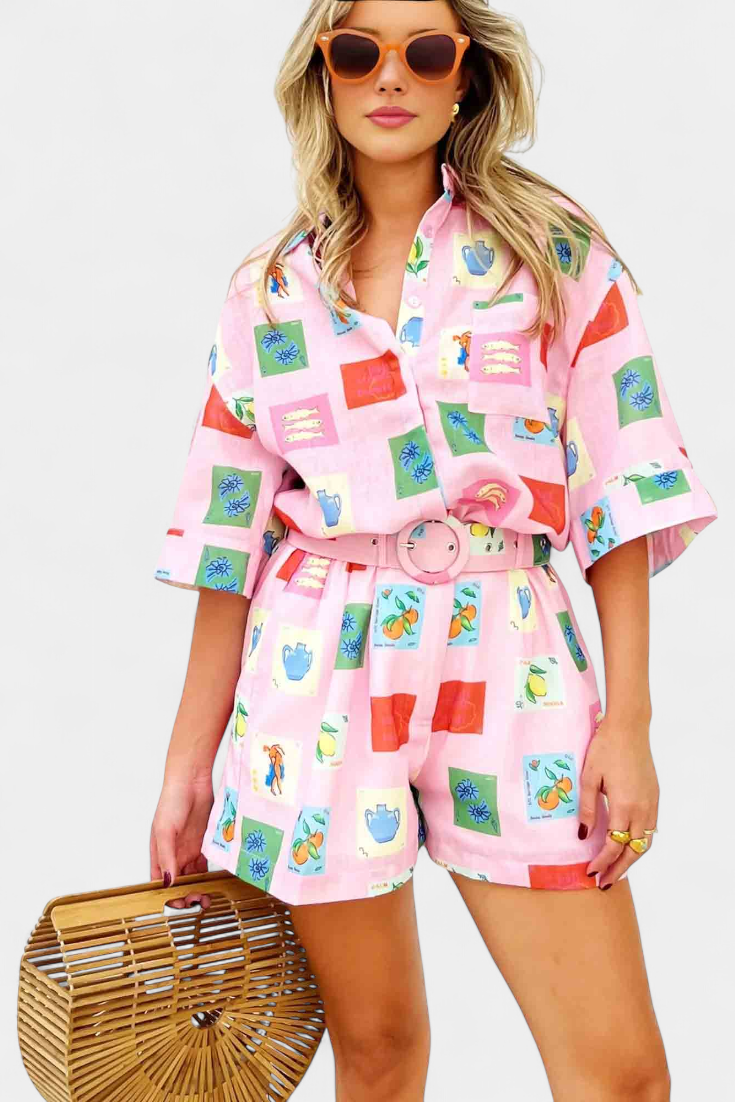 Conjunto Mariluz de Camisa y Shorts con Estampado Rosa