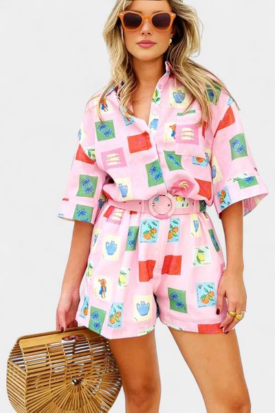 Conjunto Mariluz de Camisa y Shorts con Estampado Rosa