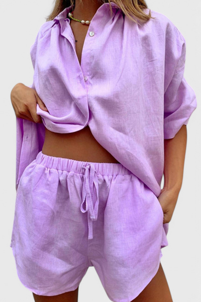 Conjunto Anika de Dos Piezas: Camisa de Botones y Pantalones Cortos con Cintura Ajustable