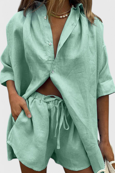 Conjunto Anika de Dos Piezas: Camisa de Botones y Pantalones Cortos con Cintura Ajustable