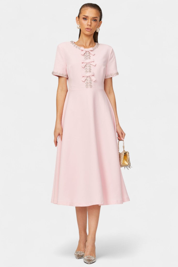Vestido Midi Acampanado Linda con Lazo de Cristal y Elegantes Detalles