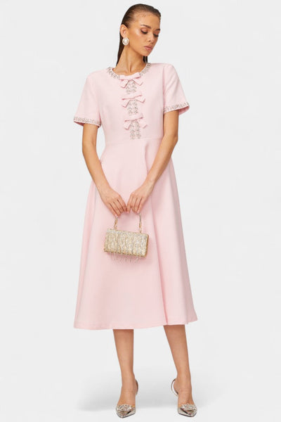 Vestido Midi Acampanado Linda con Lazo de Cristal y Elegantes Detalles