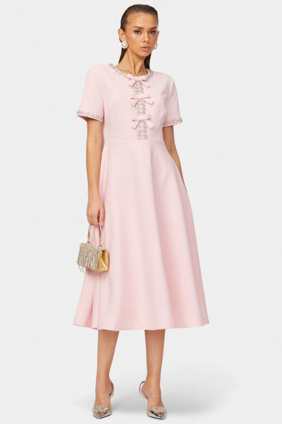 Vestido Midi Acampanado Linda con Lazo de Cristal y Elegantes Detalles