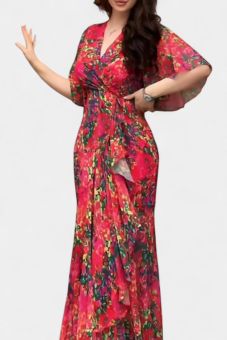 Sima Vestido Cruzado con Estampado, Escote en V y Mangas Acampanadas