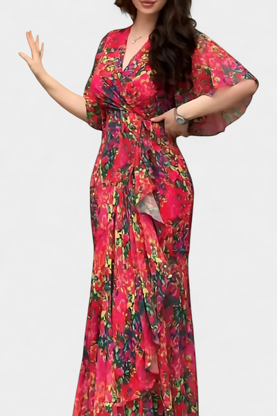Sima Vestido Cruzado con Estampado, Escote en V y Mangas Acampanadas