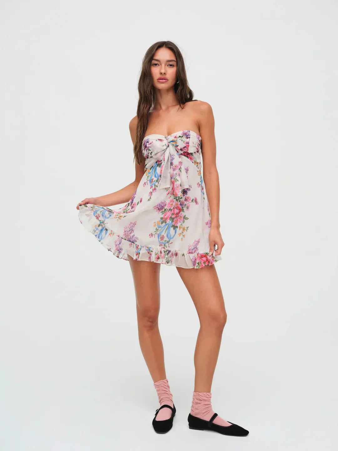 Ismena™ – Vestido Corto Sin Tirantes con Estampado Floral
