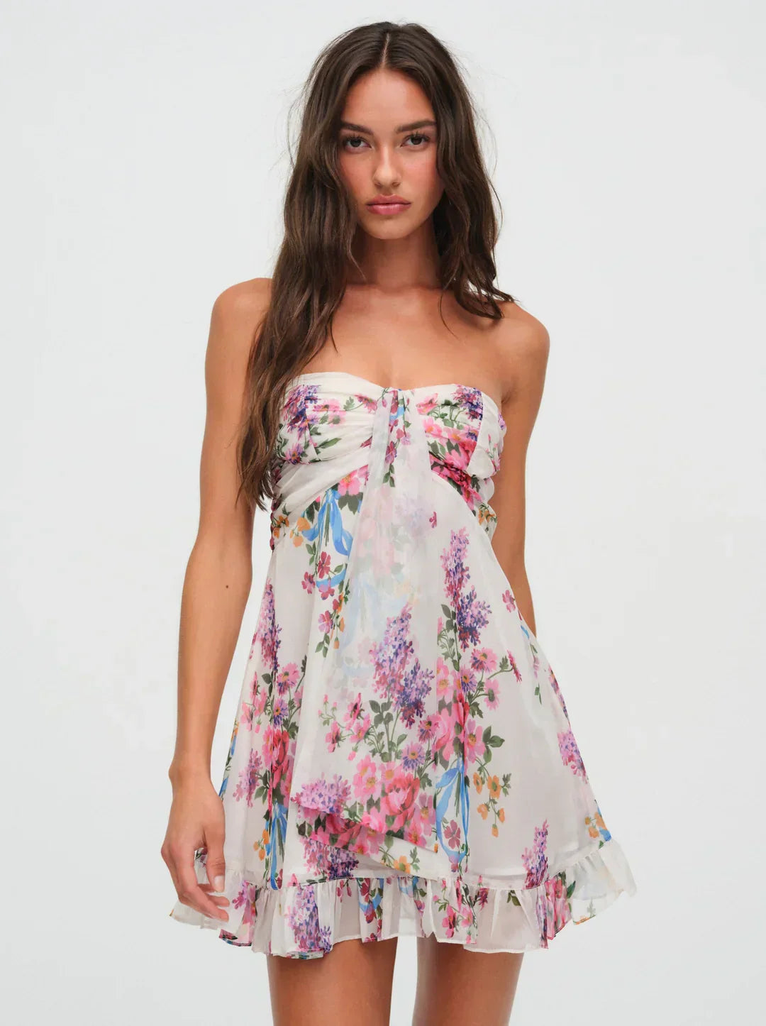 Ismena™ – Vestido Corto Sin Tirantes con Estampado Floral