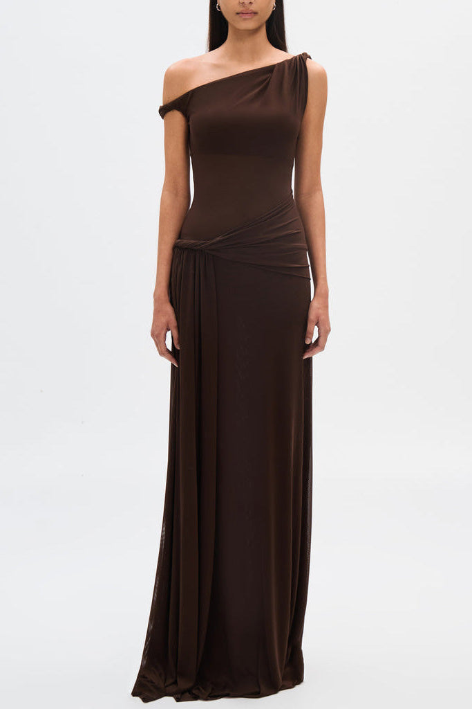 Eranda Vestido Maxi de Malla con Drapado y Diseño Off-Shoulder