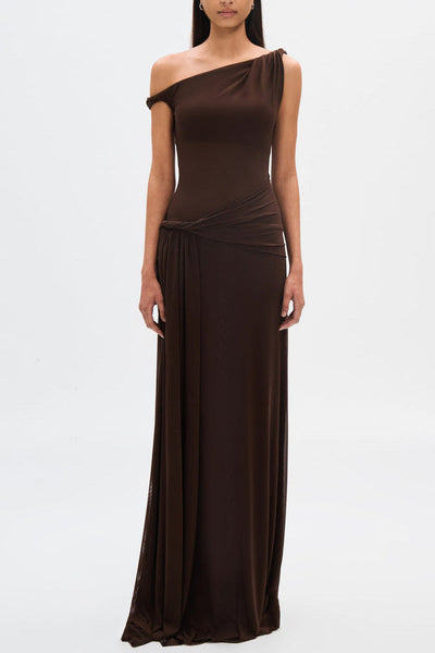 Eranda Vestido Maxi de Malla con Drapado y Diseño Off-Shoulder