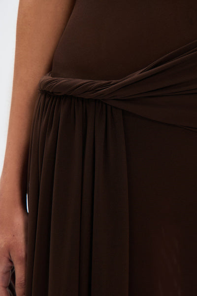 Eranda Vestido Maxi de Malla con Drapado y Diseño Off-Shoulder