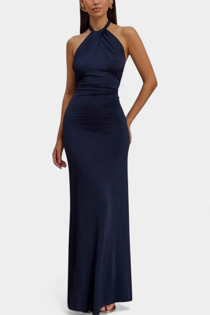 Trinity Vestido Halter Ajustado con Detalles Fruncidos y Espalda Abierta